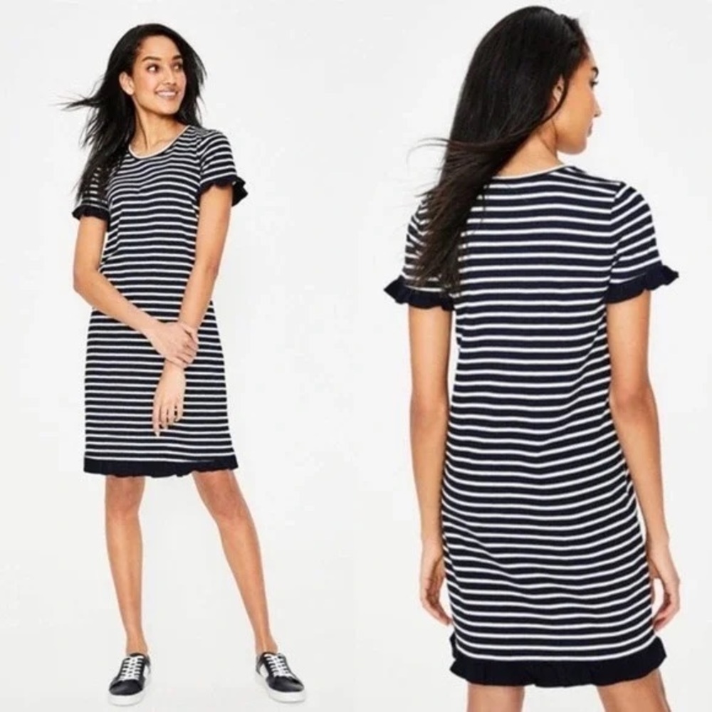Boden Blue and White Striped Emily Jersey Ruffle Hem Dress Size 6